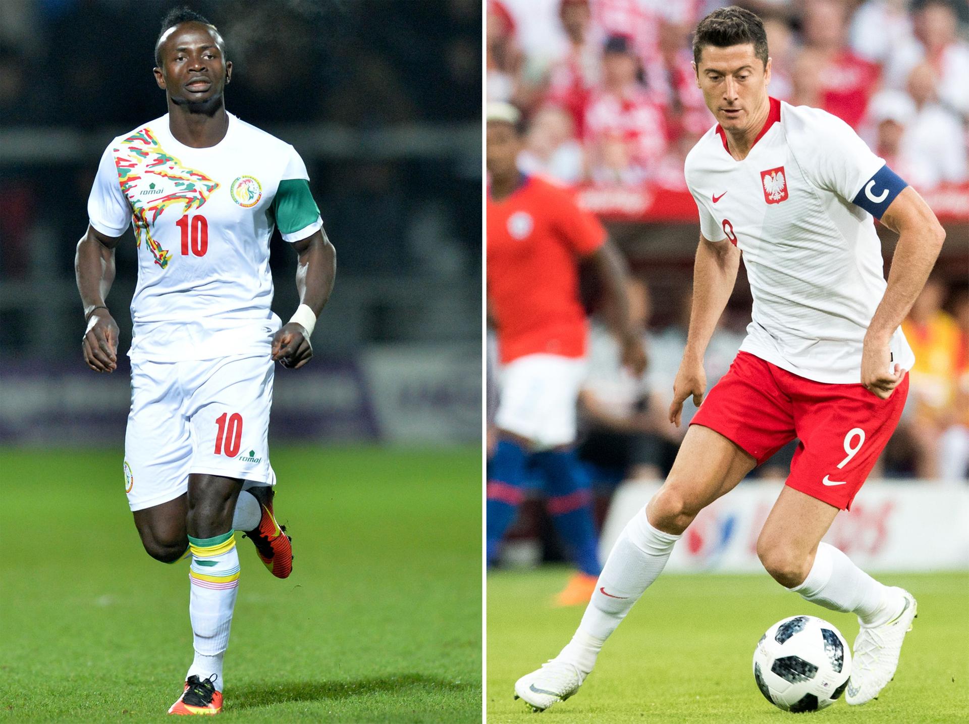 Senegals Sadio Mane (l.) vom FC Liverpool und Bayerns Pole Robert Lewandowski sind beide ein Thema bei Real Madrid. heute kicken sie gegeneinander. 