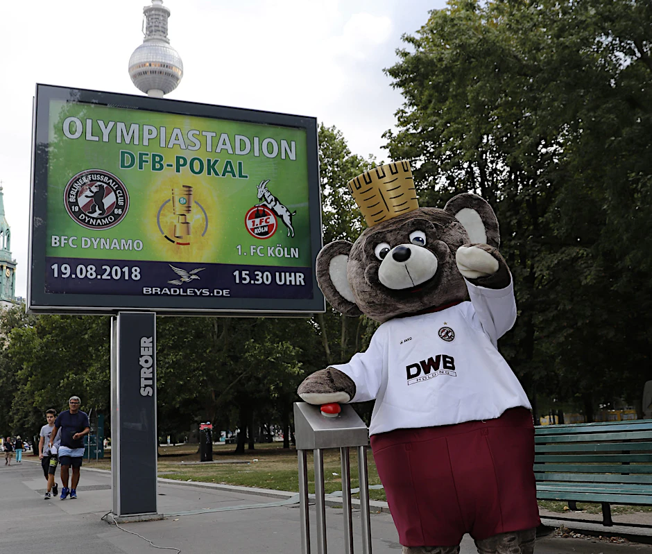 BFC-Teddy drückt den Knopf für die Werbetafel