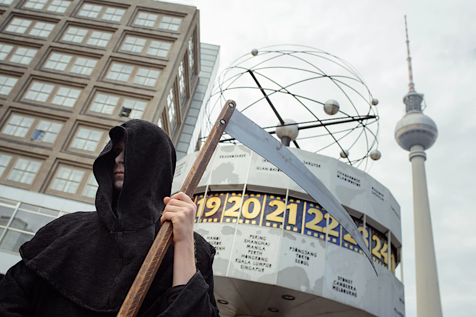 Wie sicher ist es am Alexanderplatz? Darüber wird aktuell heftig gestritten. Dieser Sensenmann ist zum Glück nur ein Schauspieler.