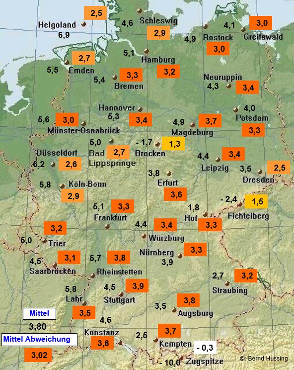 Der Meteorologe Bernd Hussing zeigt täglich aktualisiert die Abweichungen der Temperaturen des laufenden Monats vom langjährigen Mittel. Mehr als drei Grad ist der Dezember demnach zu mild.