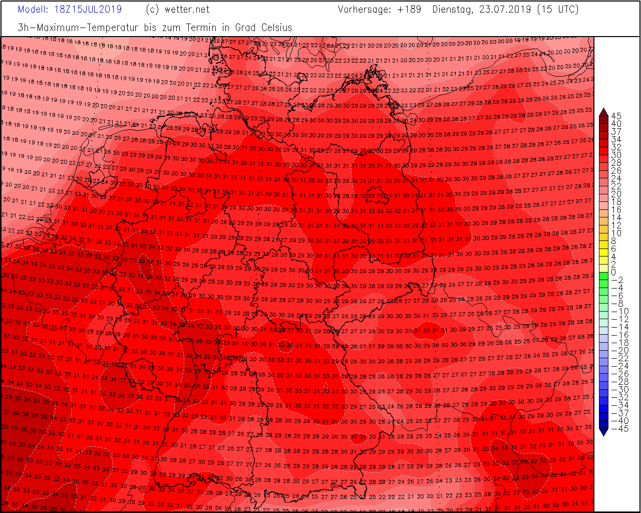 Höchstwerte nächsten Dienstag: verbreitet werden bis zu 35 oder 36 Grad im Schatten gemessen.