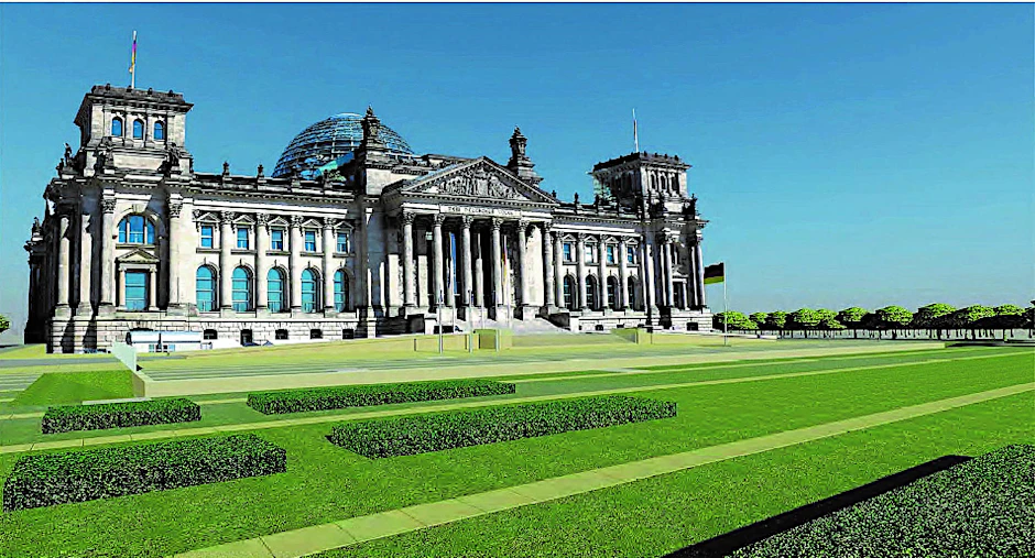 Blick auf den Reichstag mit dem geplanten Zaun und Graben, links im Bild am besten zu sehen.