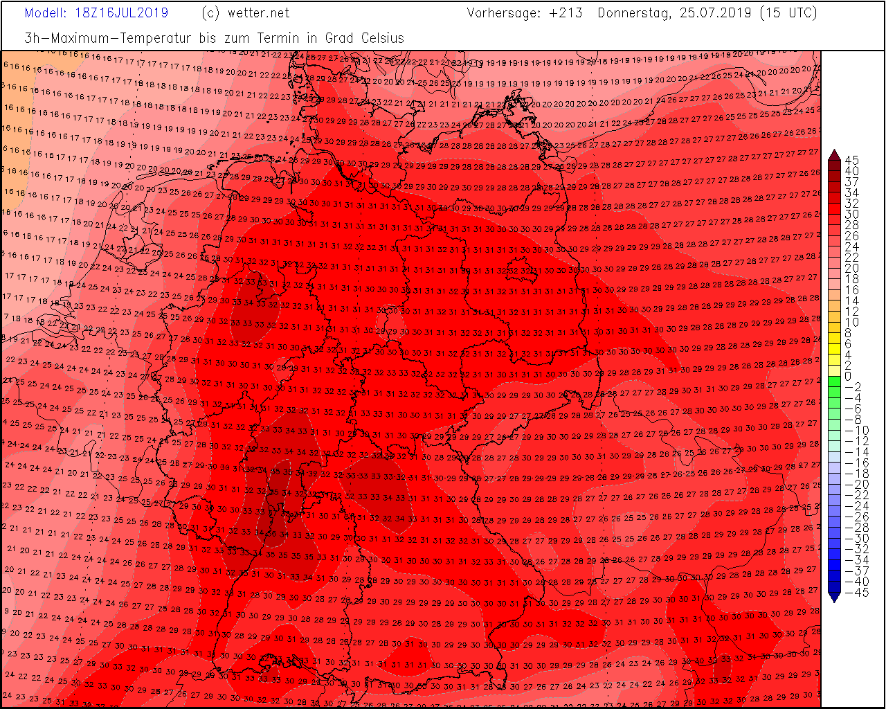 Höchstwerte nächste Woche Donnerstag nach dem US-Wettermodell: Stellenweise wird es bis 37 Grad heiß.