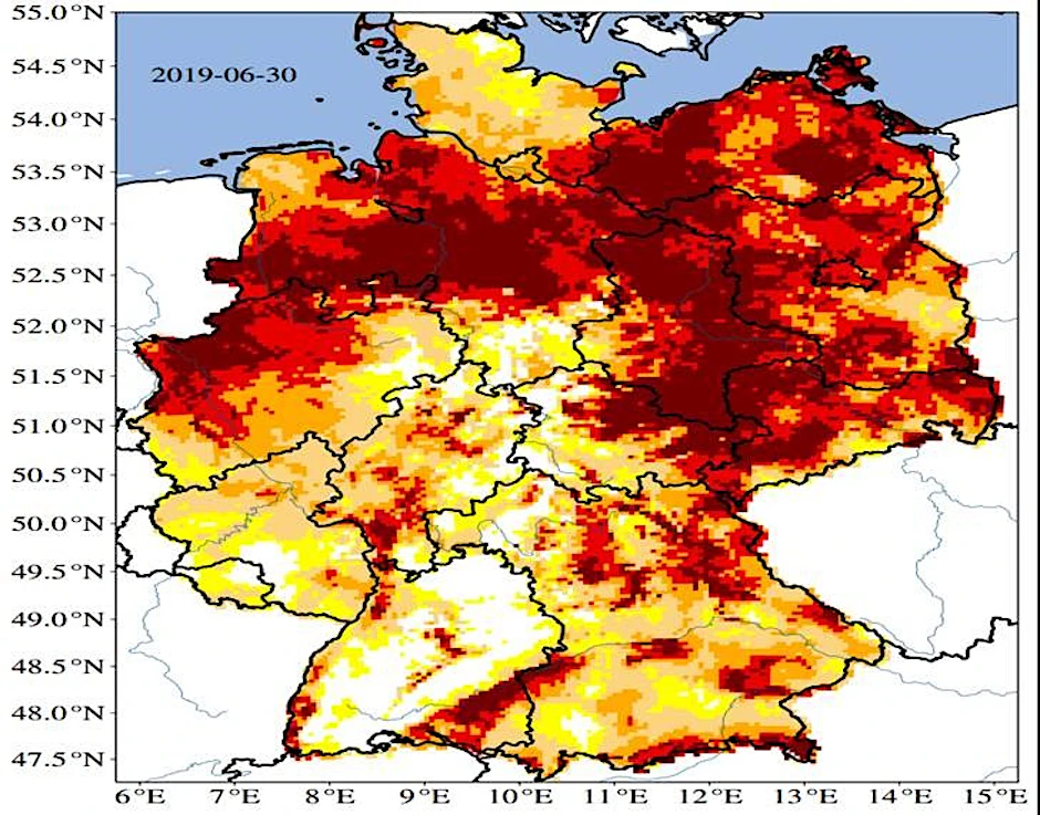 Dürremonitor für Deutschland: Im Osten und Norden herrscht schon eine extreme Dürre, aber auch im Westen breitet sie sich nun immer weiter aus. Auch der Südosten wird zunehmend erfasst.