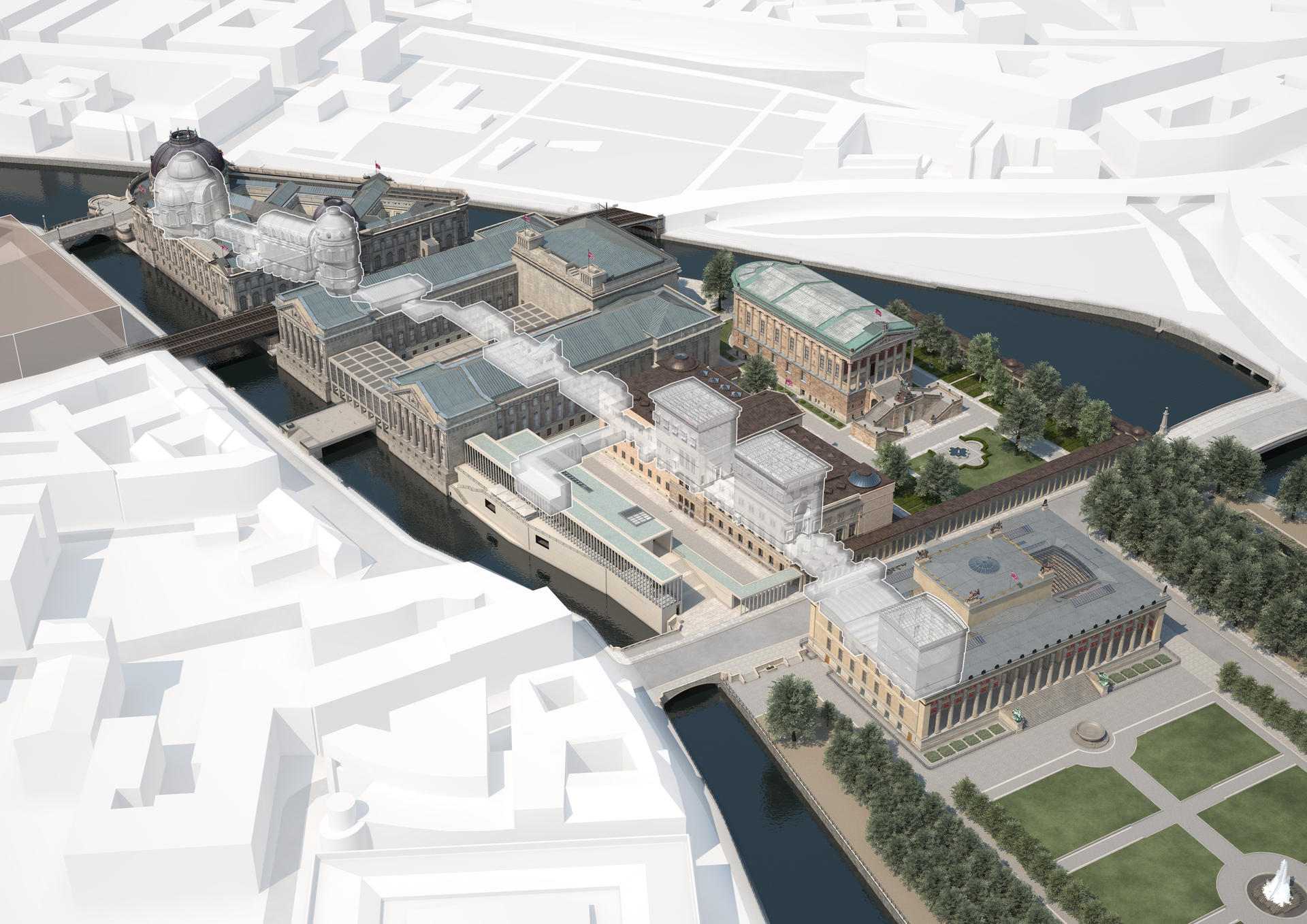 Die neue Galerie liegt hinter der vorderen Brücke, eingezeichnet ist die „Archäologische Promenade“, die vom Bode-Museum oben zum Alten Museum unten führen wird.