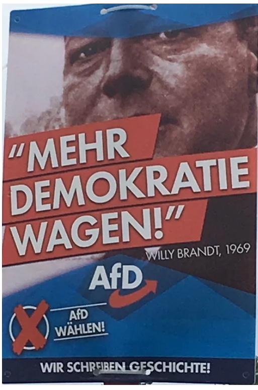 Das AfD-Plakat mit Willy Brandt und dem Spruch „Mehr Demokratie wagen“.
