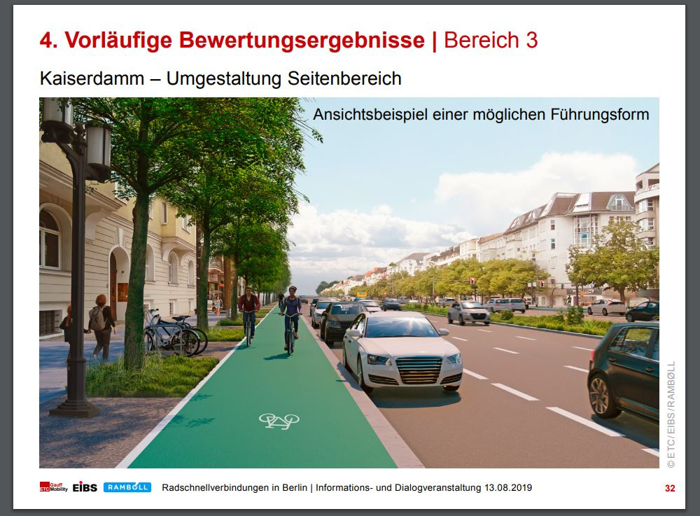 Ein Ausschnitt aus der Präsentation während der Informationsveranstaltung am Dienstag. Die Simulation zeigt, wie die Radfahrstreifen auf dem Kaiserdamm aussehen könnten. 15 bis 20 Zentimeter hohe Bordsteine sollen Falschparker abhalten. 30 bis 40 Meter vor jeder Einmündung soll der Parkstreifen enden, damit Abbieger freie Sicht haben.