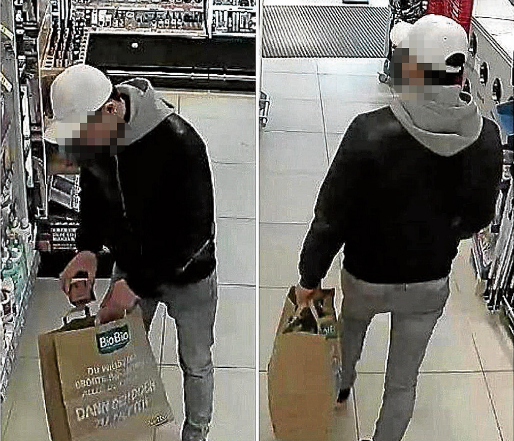 Oben: Ein Dieb verstaut Waren in einer Tasche, die mit Alu-Folie ausgeschlagen ist. 