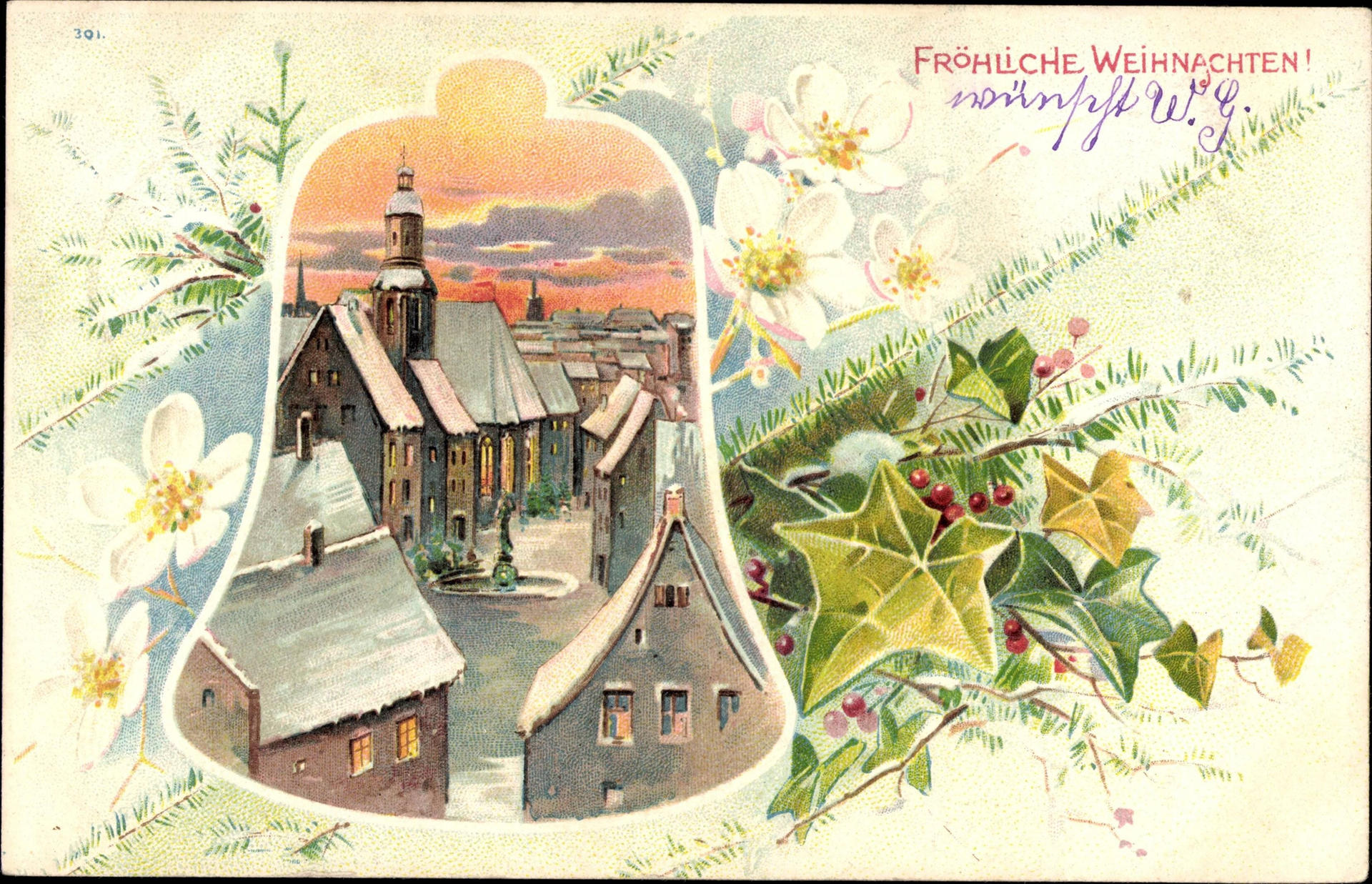Süßer die Glocken nie klingen als zu der Weihnachtszeit: Diese Karte aus dem Jahr 1901 zeigt mit Schnee bedeckte Dächer und Straßen eines unbekannten Ortes. Der rote Himmel symbolisiert, dass die Engel Plätzchen backen.