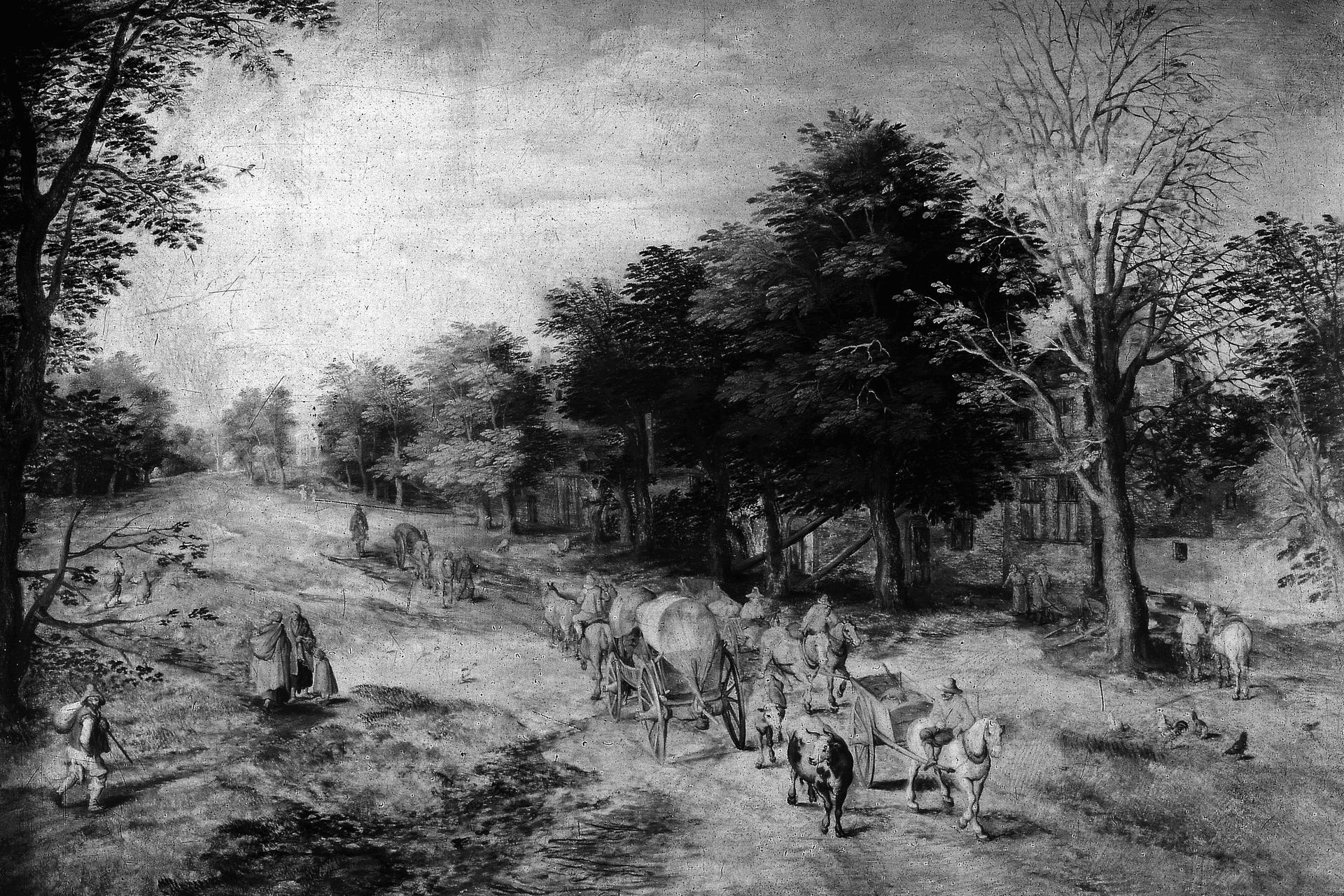 Das Bild „Landstraße mit Bauernwagen und Kühen" von Jan Brueghel d.Ä. (Brüssel 1568 -1625 Antwerpen). 