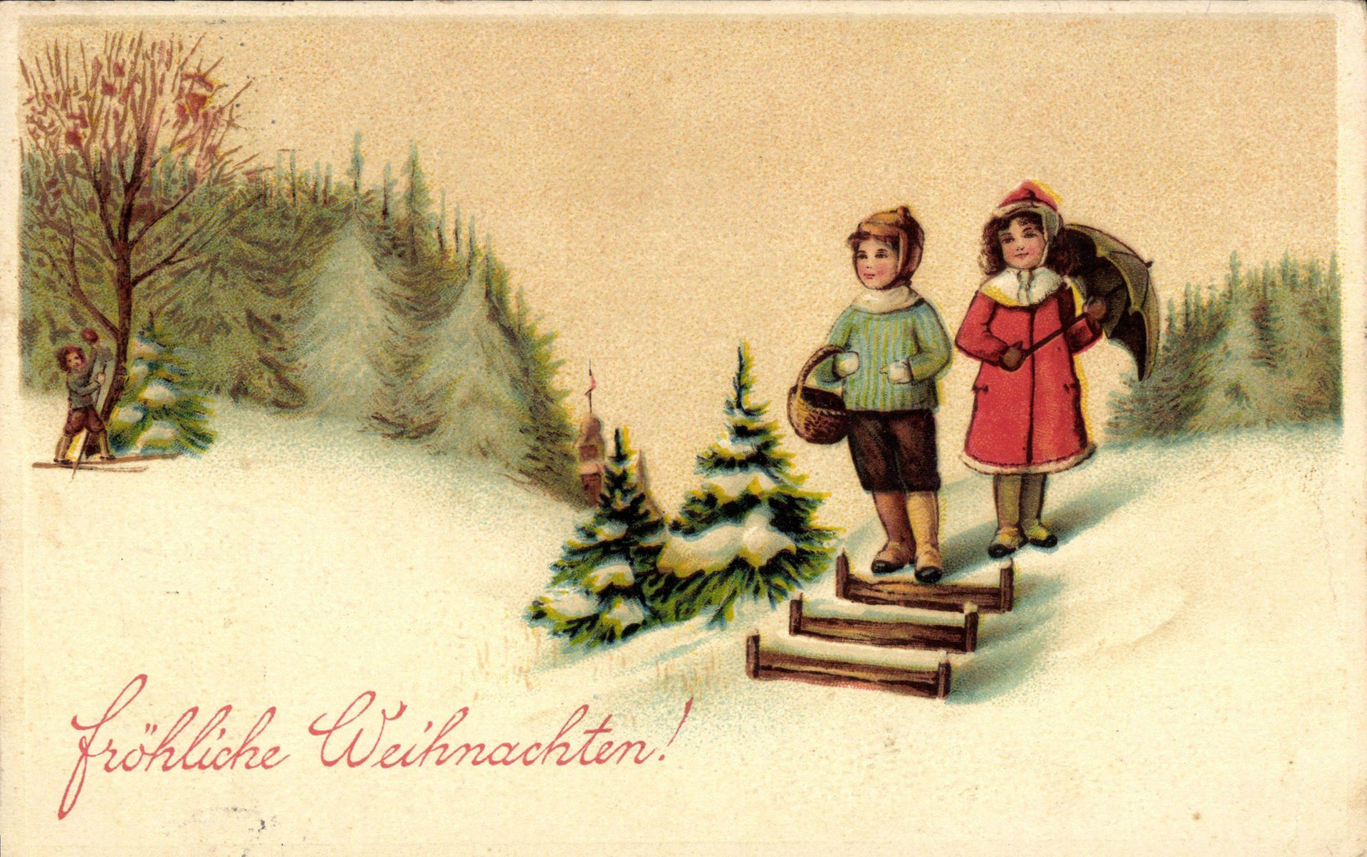 Mit Schirm, Charme und Körbchen: Brüderchen und Schwesterchen (?) in schneebedeckter Landschaft wünschen 1914 fröhliche Weihnachten. Im Hintergrund winkt ein strubbelköpfiger Junge auf Skiern.  