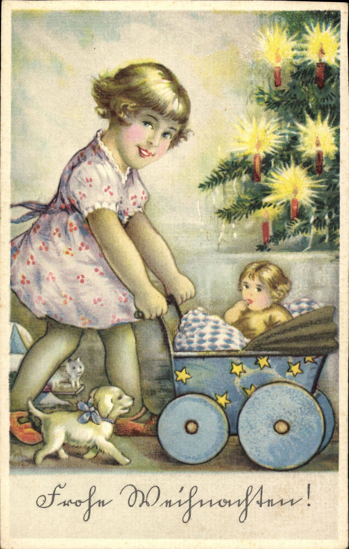 Kleines Mädchen im großen Glück: Diese „Frohe Weihnachten“-Karte stammt aus dem Jahr 1935.  