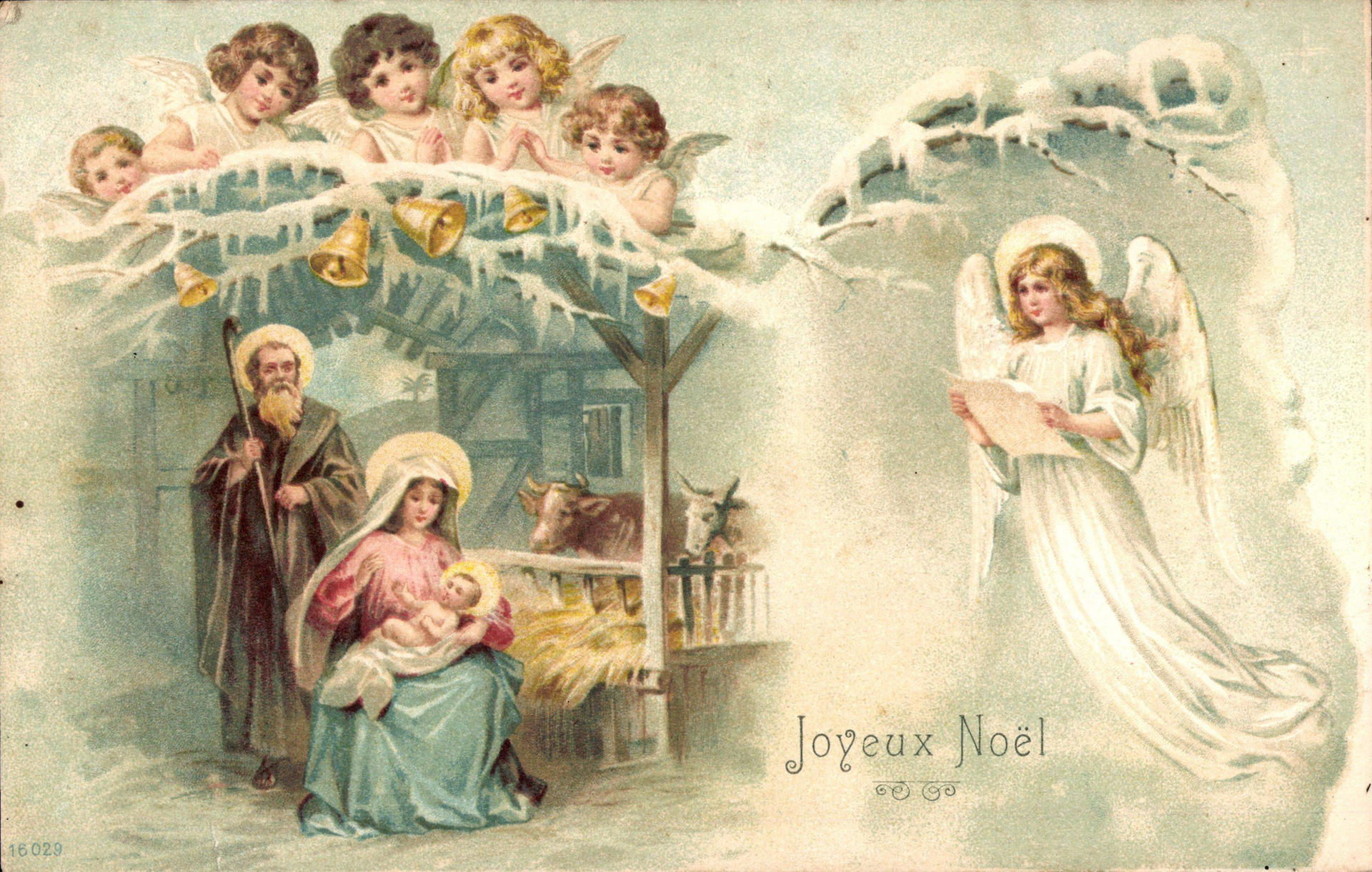 Ein Weihnachtsengel verkündet die Geburt Christi, und dazu läuten die Himmelsglocken, alles zart in Pastell gehalten. Diese Karte mit dem „Frohe Weihnachten“-Wunsch auf Französisch ist von 1935. 