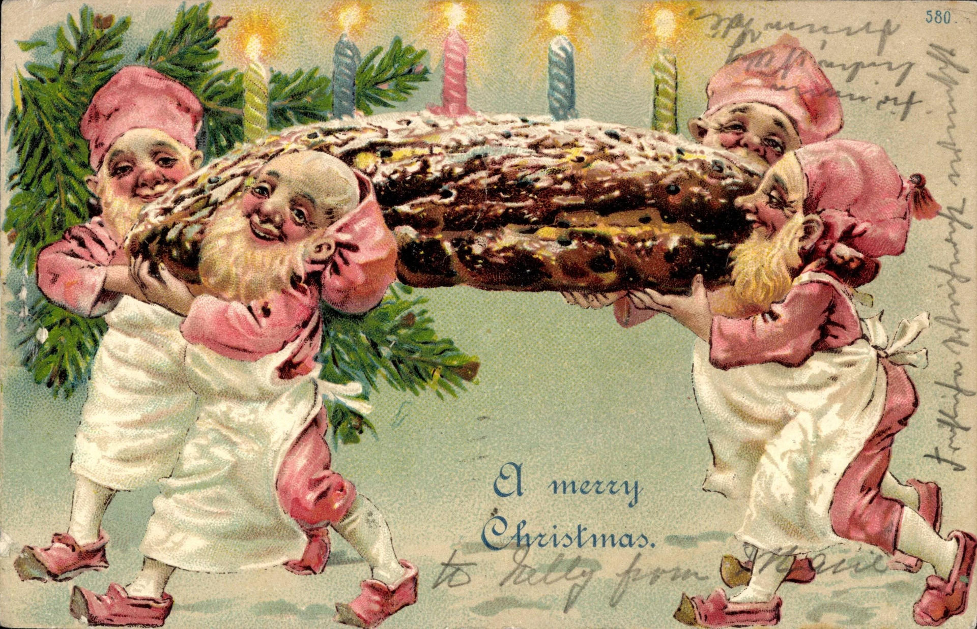 In der Weihnachtsbäckerei gibt es manche Leckerei, zwischen Mehl und Milch macht so mancher Knilch eine riesengroße Kleckerei! Von 1987 ist das Lied, von 1935 diese Grußkarte, auf der einen Christstollen tragende Wichtel „A merry Christmas“ wünschen.