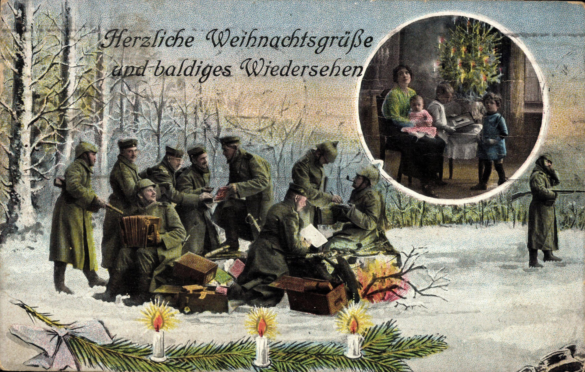 Weihnachtsgrüße von der Front an die Lieben in der Heimat. Kriegs-idyllische Postkarten wie diese – sie stammt vermutlich aus dem Jahr 1914 – waren im Ersten und auch im Zweiten Weltkrieg beliebt. 