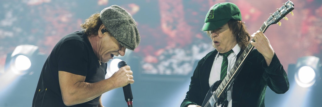 Die australische Rockband AC/DC mit Sänger Brian Johnson (l.) und Gitarrist Angus Young.
