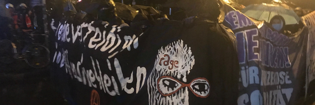 Die Demonstranten versteckten sich unter Regenschirmen und hinter Transparenten.