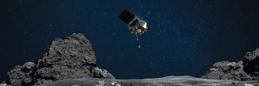 Eine Darstellung der Nasa: So hat sich die Raumsonder „Osiris Rex“ dem Asteroiden Bennu genährt und mit einem Roboter-Arm Staub- und Gesteinsproben entnommen.