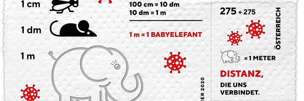 Auf der Corona-Briefmarke: Ein Babyelefant - in Österreich das Symbol für den Hygieneabstand.