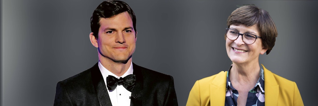 Die Montage zeigt Schauspieler Ashton Kutcher und SPD-Chefin Saskia Esken.