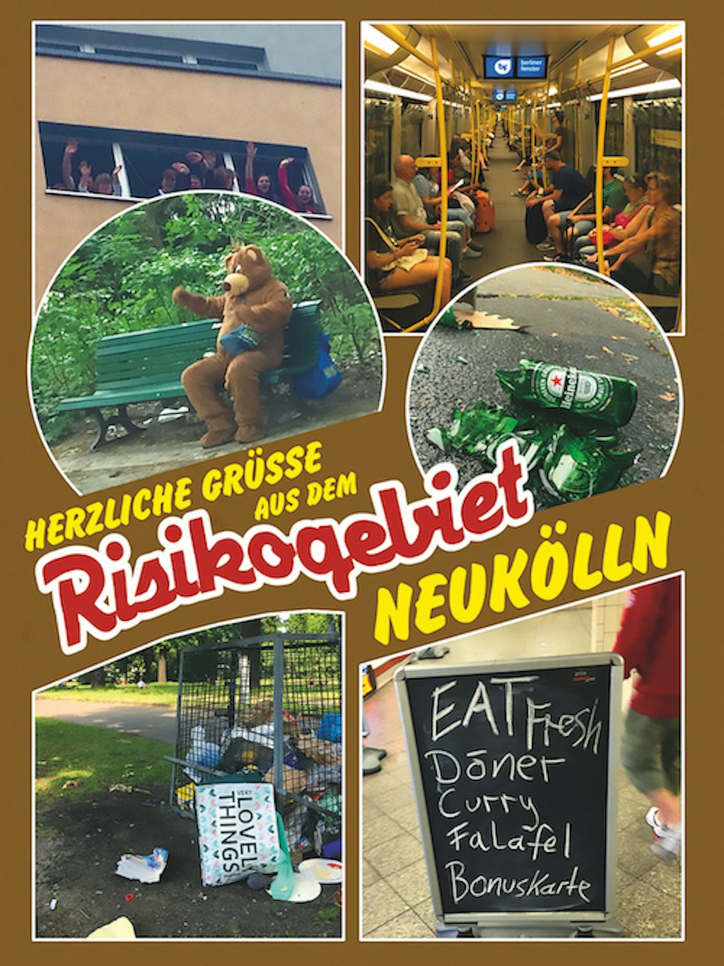 Die Neukölln-Postkarte zeigt unter anderem einen Mülleimer und ein Döner-Schild.