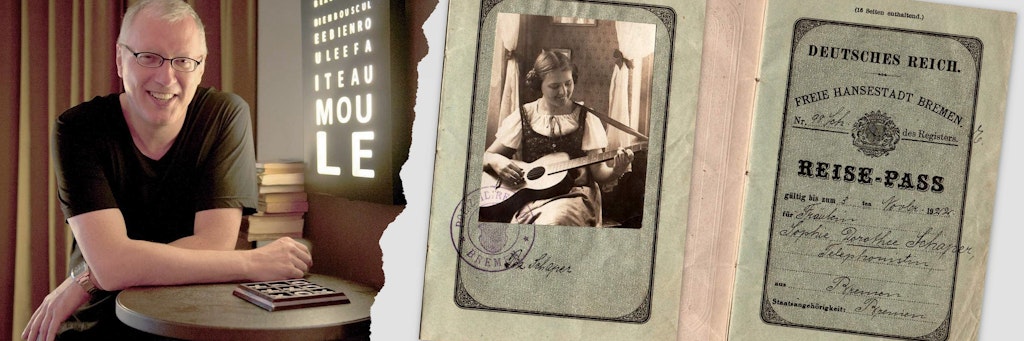 Tom Topol sammelt alte Reisepässe. Rechts: Der Pass der Hansestadt Bremen von 1920 gehörte einer Telefonistin, das Foto zeigt sie mit Gitarre.