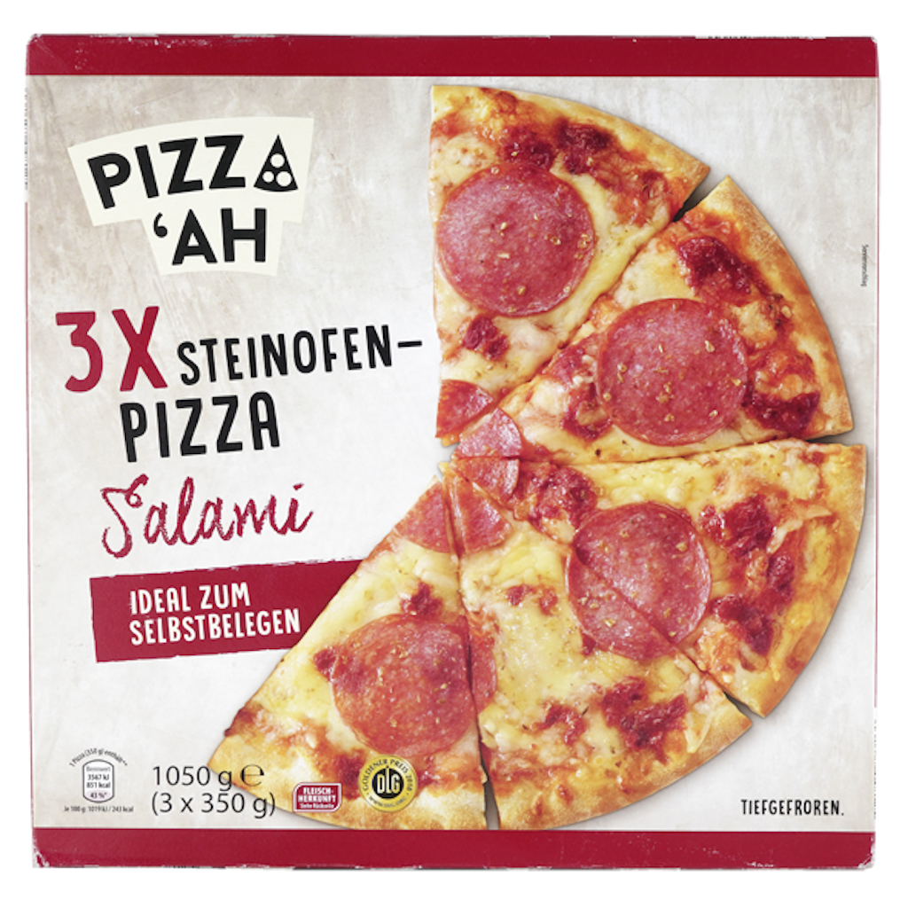 Als „sehr gut“ bewertet: die „Pizza ‘Ah Steinofen-Pizza“, 3 Stück, von Aldi Nord/Aldi Süd.