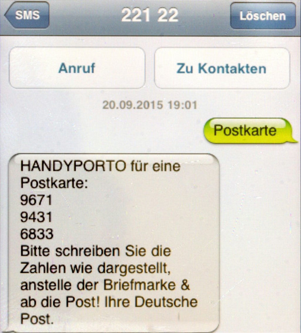 So sieht eine SMS mit dem Porto-Code aus.