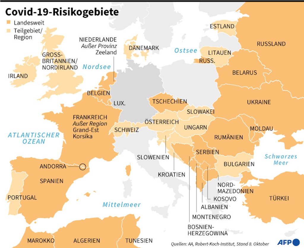 Karte mit Risikogebieten des Robert-Koch-Instituts in Europa.