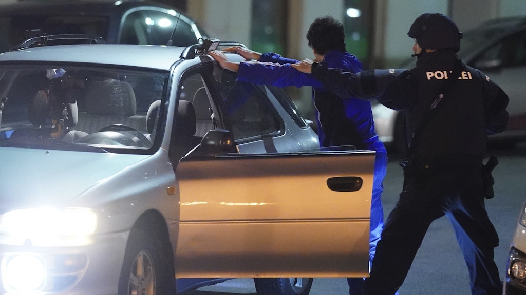 Polizisten kontrollieren eine Person. 
