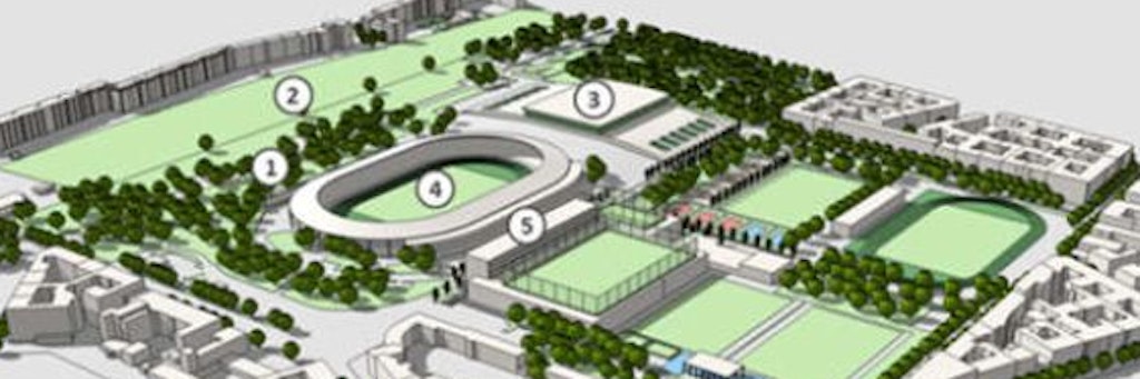 So soll die favorisierte Jahnsportpark-Umgestaltung aussehen. Die Stadion-Darstellung ist nur ein Symbol (4). Zu sehen sind ein neuer Bürokomplex (5), Mauerpark (2), Hinterlandmauer (1) und die Max-Schmeling-Halle (3). Quelle: machbarkeitsstudie/Drees & Sommer<br><br>