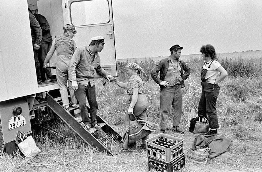 Schichtwechsel bei der Getreideernte, KAP (Kooperative Abteilung Pflanzenproduktion) Stolzenhagen, 1974