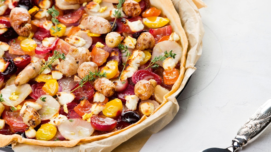 Wurzelgemüse-Zwiebel-Tarte.