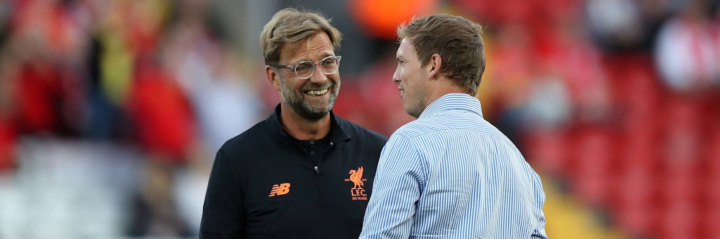 Wiedersehen macht Freude: Vor drei Jahren zog Julian Nagelsmann (r.) mit Hoffenheim gegen Jürgen Klopp und seinen FC Liverpool den Kürzeren. 