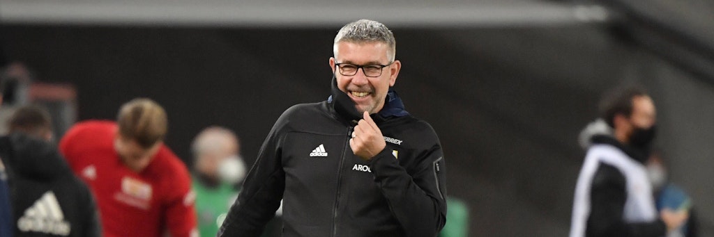 Möchte am Freitag auch im Olympiastadion Grund zum Lachen haben: Unions Trainer Urs Fischer.