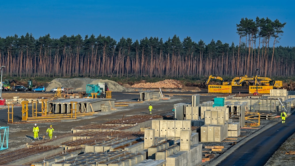 Gefällte Bäume liegen auf der Baustelle der Tesla Gigafactory. 