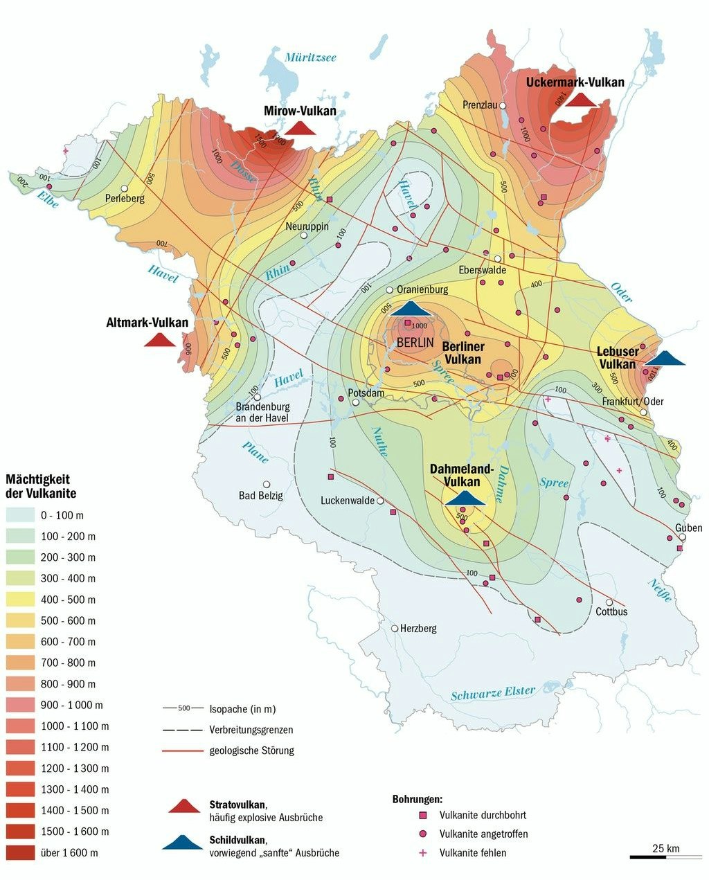 Position der sechs Vulkane im Berliner und Brandenburger Untergrund. Die Linien zeigen die (Rest-)Mächtigkeiten der vulkanischen Gesteine, der Vulkanite, aus der Perm-Zeit an (unter Berlins Zentrum mehr als 800 Meter, unter Potsdam mehr als 100). Datengrundlage sind Messungen aus der DDR. 