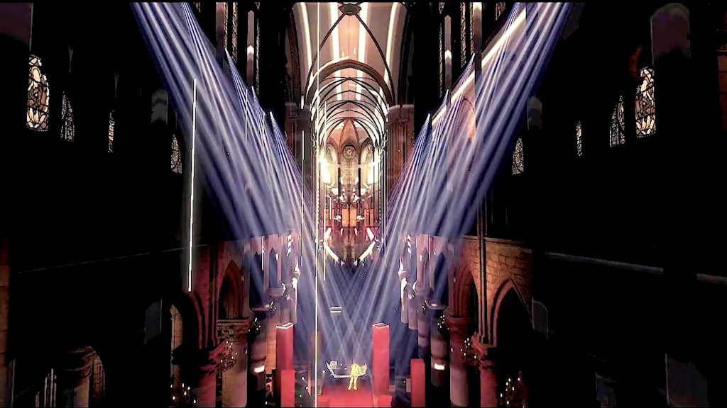 Die computergenerierte Darstellung zeigt ein Konzert, das Elektropop-Pionier Jean-Michel Jarre am Silvesterabend als Avatar in der virtuellen Kulisse von Notre-Dame geben will.