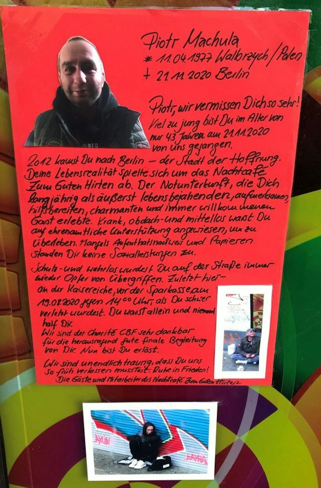 Das Plakat beschreibt das Leben von Piotr auf der Straße.