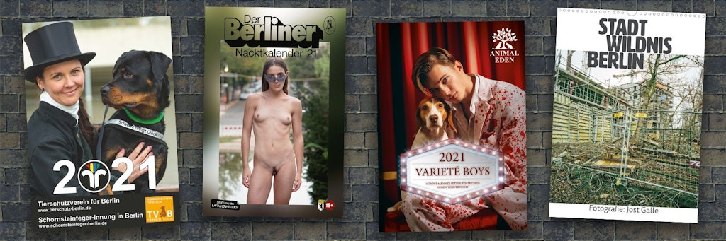 Vier besondere Berlin-Kalender: Schornsteinfeger mit schwarzen Tieren, der „Berliner Nacktkalender '21“, Varieté-Männer mit Hunden und der Kalender „Stadt Wildnis Berlin“, der Wildwuchs in der Hauptstadt zeigt.