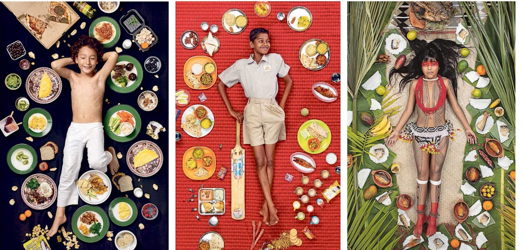 Drei Kinder und was sie in einer Woche essen: Cricketeer Chetan Menge aus Indien, flankiert von Hank Segal aus Kalifornien (li.) und Kawakanih Yawalapiti aus Brasilien.