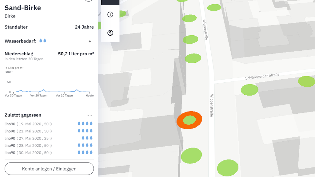 Die Information über die Sandbirke vor Lino Maisants Wohnhaus auf der Internetseite giessdenkiez.de. 