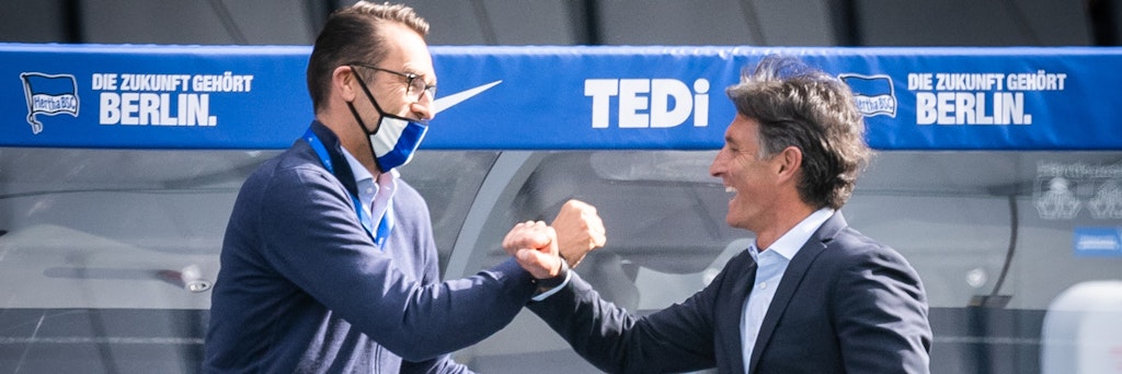 Bruno Labbadia und Manager Michael Preetz sind nach dem 2:0 gegen den FC Augsburg entzückt.