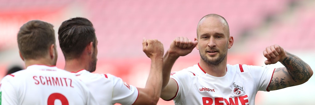 Der Ex-Unioner Toni Leistner (r.) feiert mit seinen Kölner Teamkollegen Mark Uth und Benno Schmitz einen Treffer der Domstädter. Am Sonnabend feiert die Abwehrkante zumindest ein Wiedersehen mit den Eisernen.