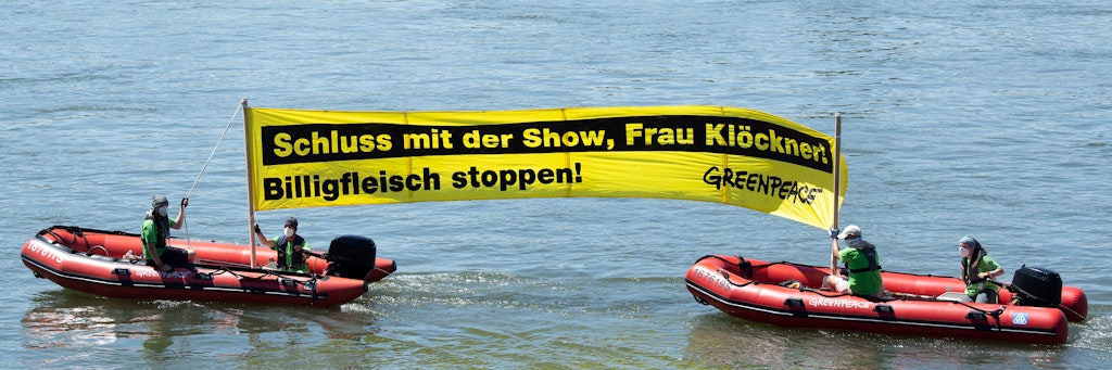 Greenpeace demonstrierte mit Booten auf dem Rhein bei Düsseldorf, wo der Fleisch-Gipfel stattfand.