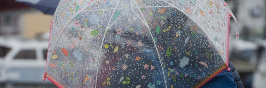 Ein Mann mit Regenschirm im Hafen von Stralsund. Dauerregen bestimmt das Wetter an der Ostsee. Doch Besserung ist in Sicht.