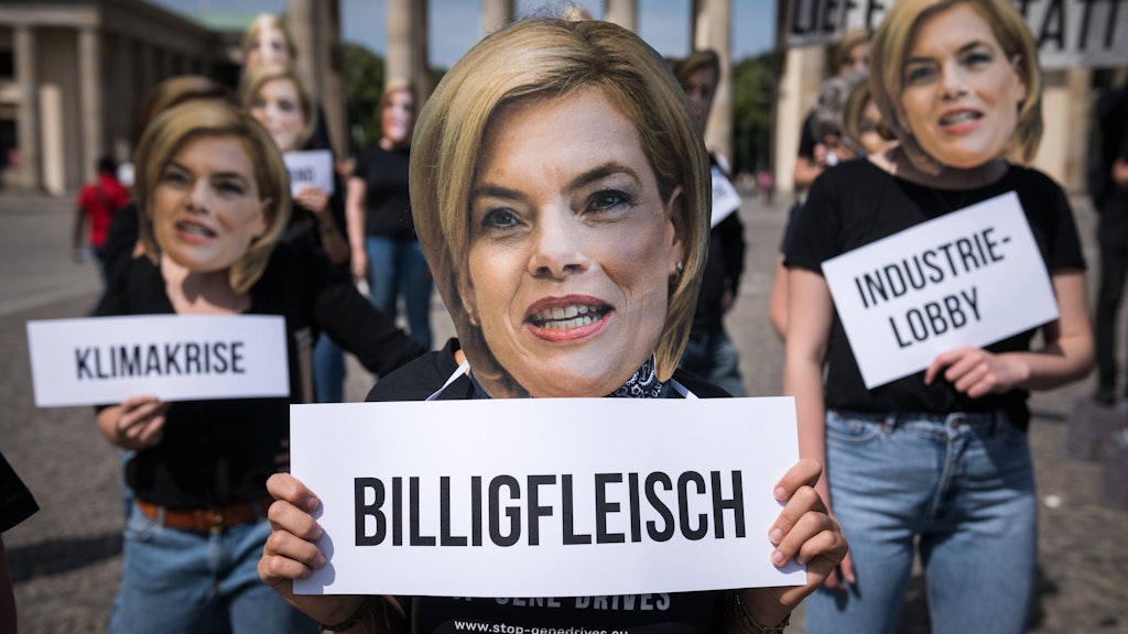 Demonstranten mit Masken mit einem Foto von Landwirtschaftsministerin Julia Klöckner protestierten Ende Juni gegen die Agrarpolitik der Bundesregierung.