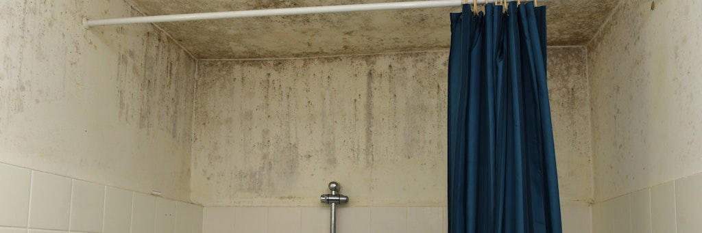 Eines der fensterlosen Badezimmer am Mehringplatz: Trotz Belüftung durch die Tür breitete sich Schimmel aus. 