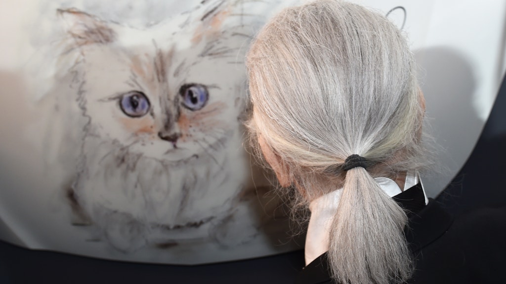 Karl Lagerfeld steht vor einer eigenen Zeichnung seiner Birma-Katze Choupette.