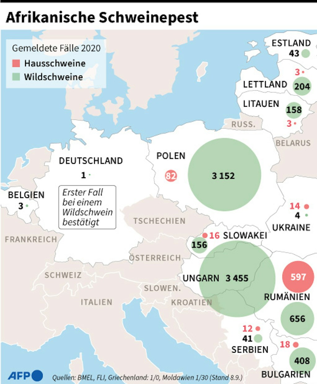 Erster Fall von Afrikanischer Schweinepest in Deutschland: Karte mit gemeldeten Fällen in Europa. 